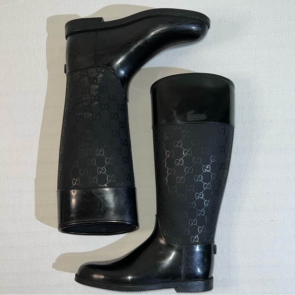 Gucci GG Monogram Rain Boots Size 37 Rubber Wellington Boots Black Luxury - Picture 1 of 9